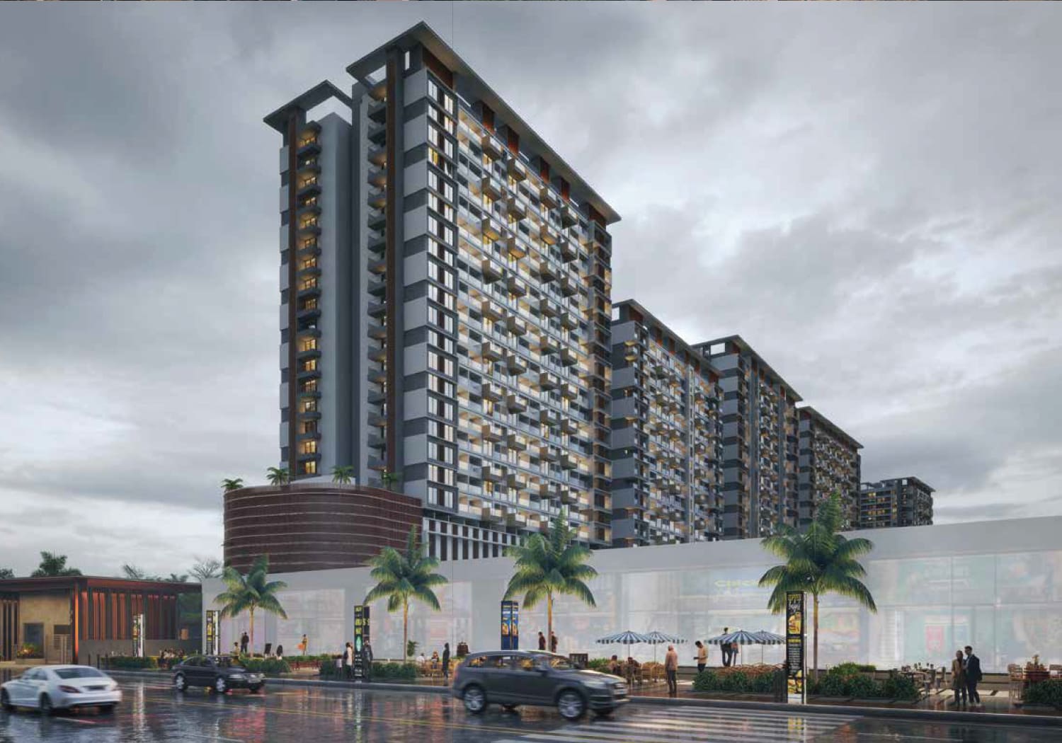 Exterior view of Majestique Signature Towers &mdash; photo gallery, images, brochure, amenities, cost sheet, price breakup, availability details, RERA number, RERA certificate, possession date, layout plan, logo, floor plan, master plan, and location map showcasing project highlights and features.