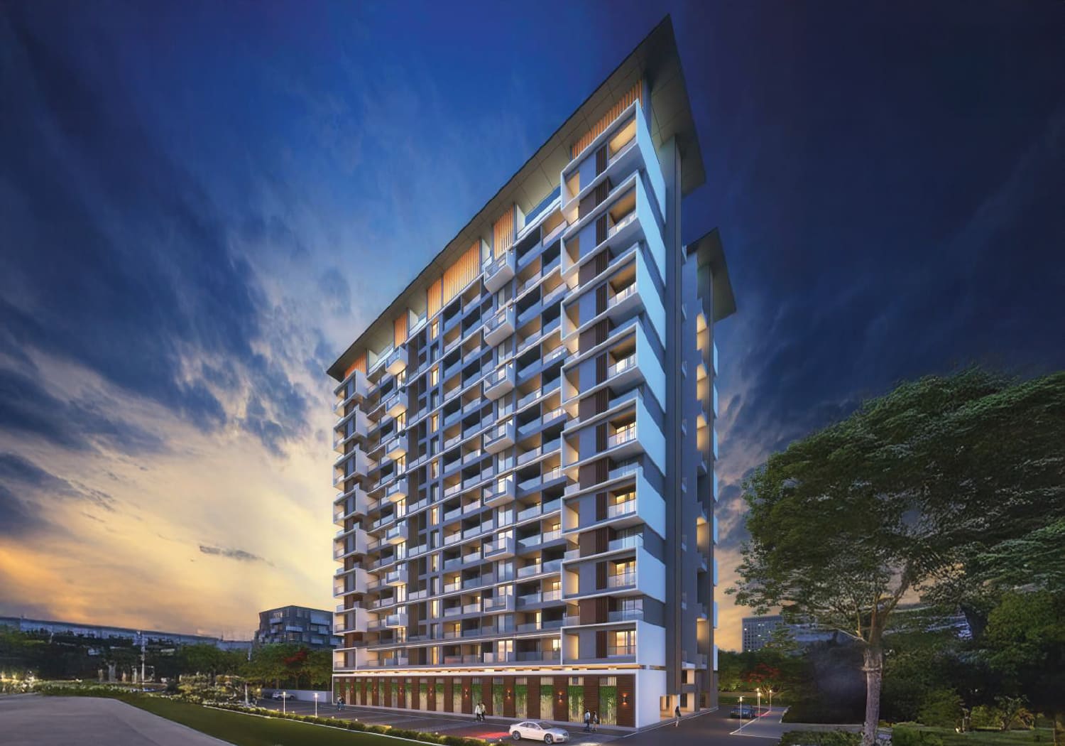 Exterior view of Majestique Signature Towers &mdash; photo gallery, images, brochure, amenities, cost sheet, price breakup, availability details, RERA number, RERA certificate, possession date, layout plan, logo, floor plan, master plan, and location map showcasing project highlights and features.